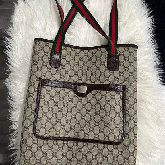 Gucci Handbags - Gucci Beige and Brown Tote with Green and Red Straps